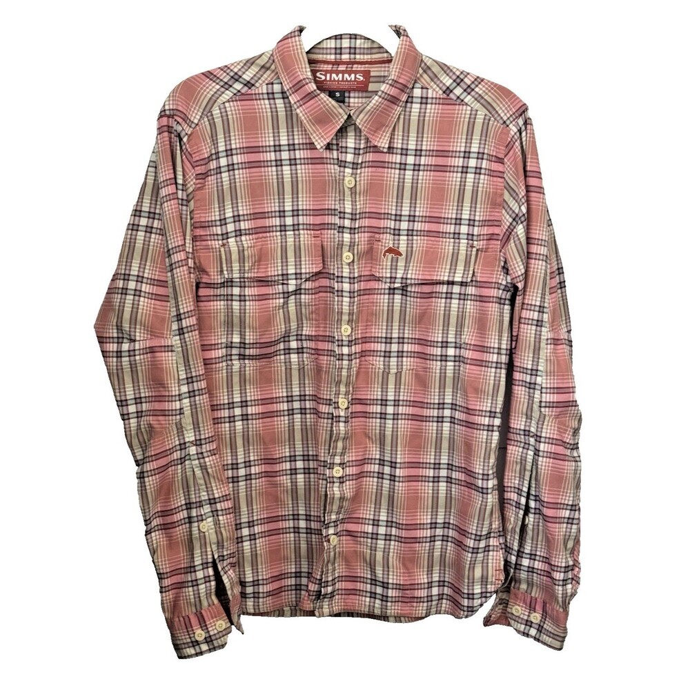 Simms Stone Cold Men’s Plaid Fishing Shirt LS Salmon Beige Nylon Blend Size S